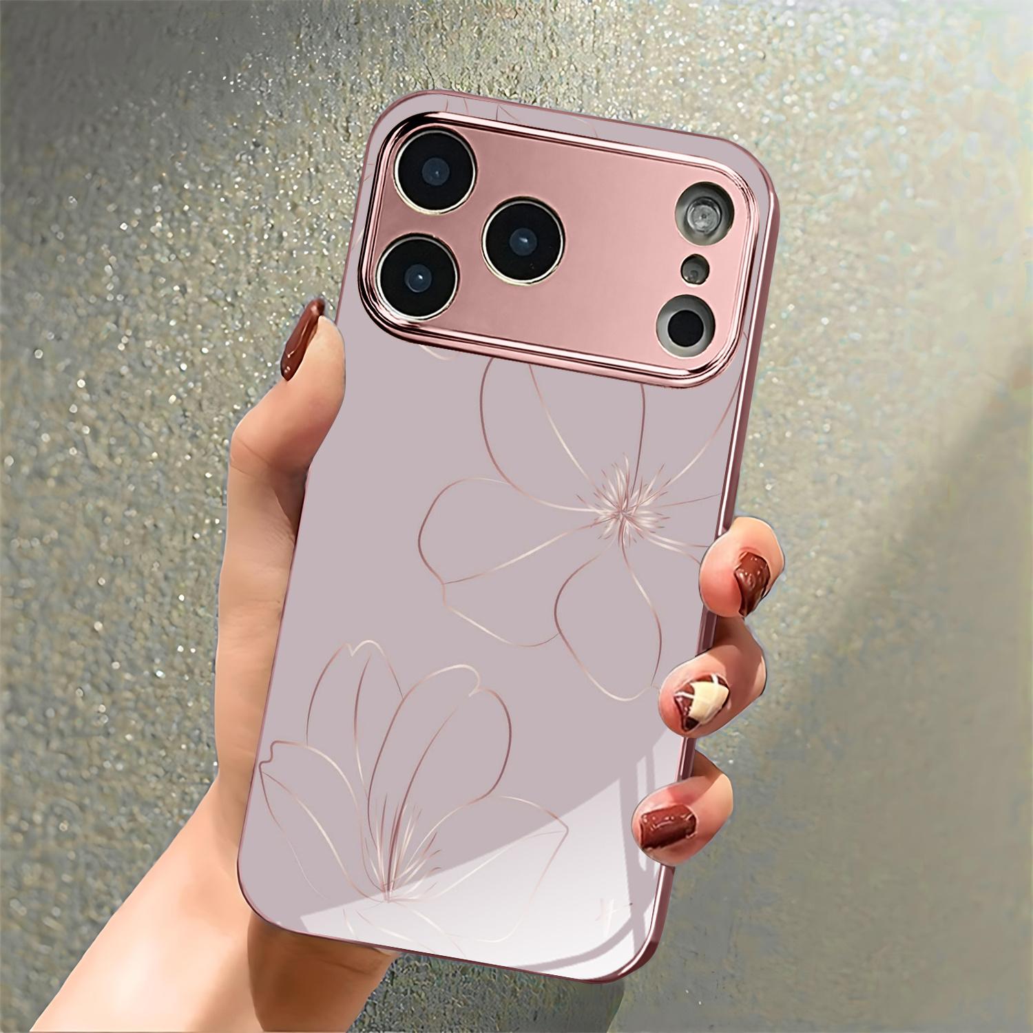Flower Rose Gold/Plated Pink Phone Case Cover for iPhone 17/16/15/14/13/12/11/X/XR/XS MAX Pro Air Pro Max Plus Mini Couple Style, Cute, Fashionable, Christmas, Tempered Glass Protective Case, Phone Protection, Modern Phone Case, UV Printed Design, Accesso