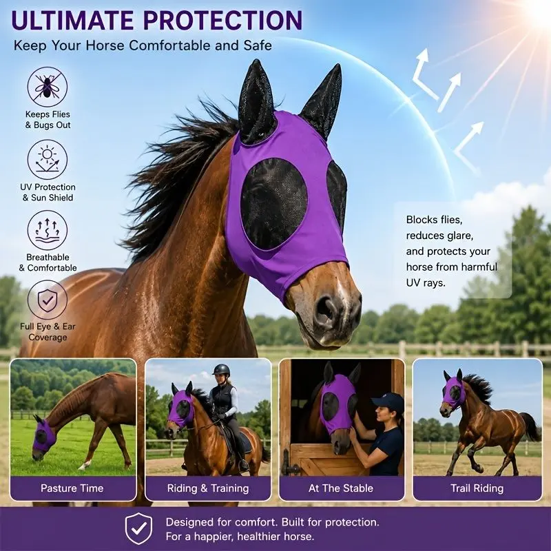 Breathable Horse Fly Mask with Ears and Blower, Comfortable Mesh Design, Durable Insect Protection Gear, Single Pack Horse Ventilation Mask
