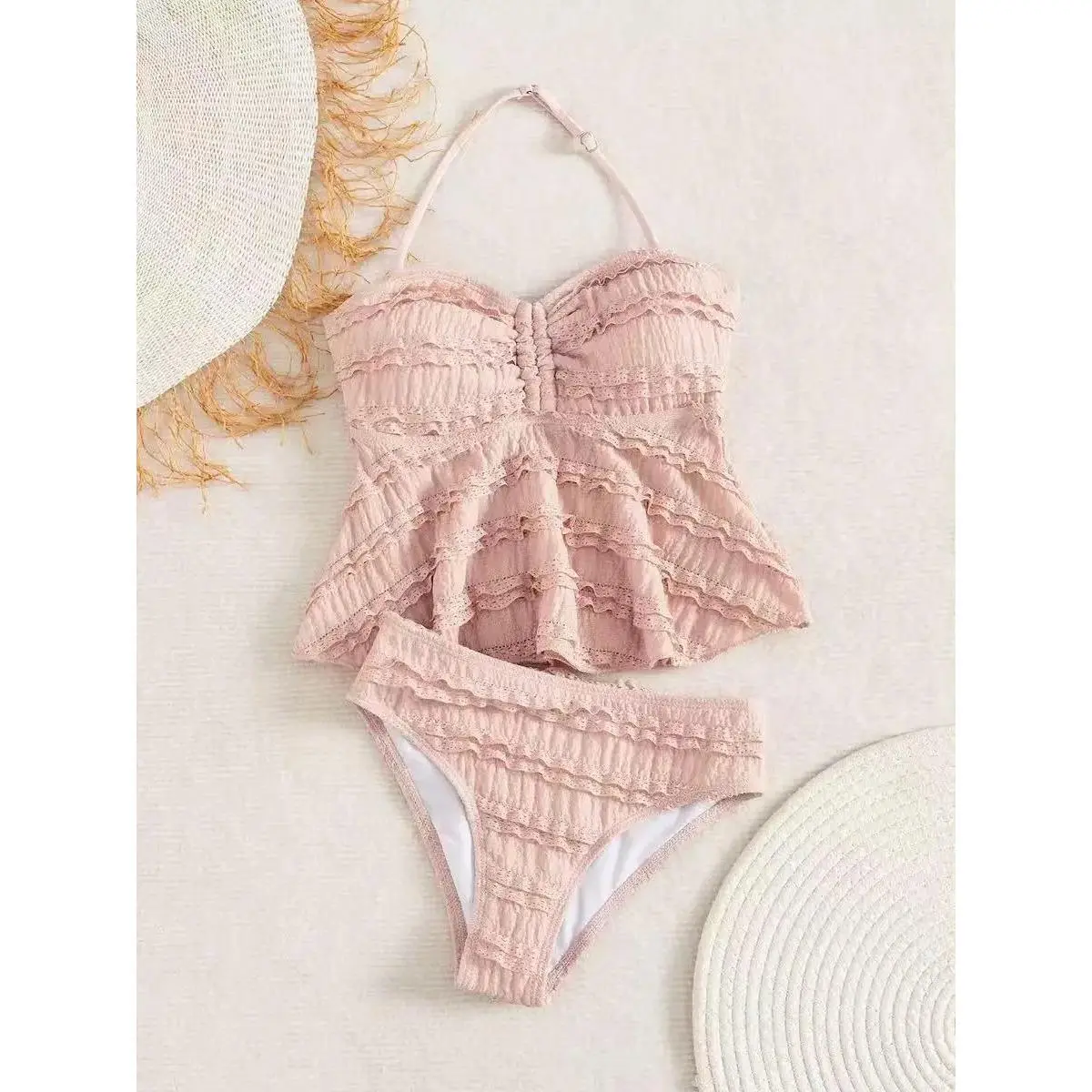 Girls' 7-16 Years Old Solid Color Jacquard Polyester Two-Piece Teenager Swimsuit - Children's and Teenager Clothing, Summer Beach Swimwear (Sizes 11-12 Years, 13-14 Years, 15-16 Years)