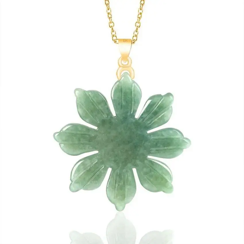 Natural Jadeite Sunflower Pendant Necklace, 18K Gold Plated Waterproof Chain