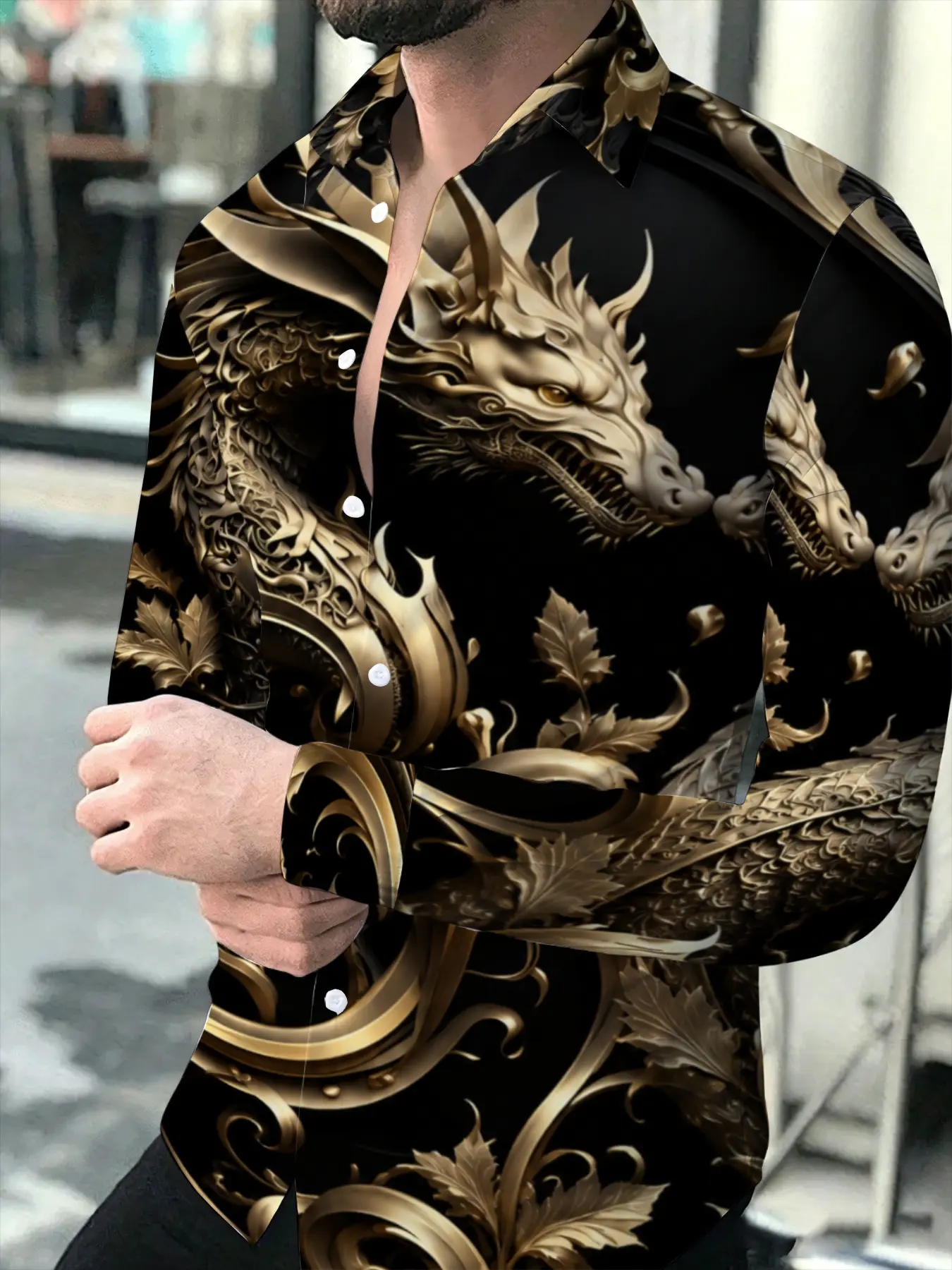 Men's Vintage Black and Gold Dragon Printed Long Sleeve Shirt, Business Casual Lapel Single-breasted Top, Embossed Dragon Pattern Fashion Shirt, Trendy All-match Outfit for All Seasons Printed Party Activewear for Everyday Wear