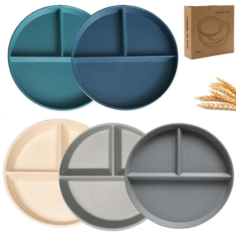 Unbreakable Divided Dinner Plate Set of 5, Wheat Straw Plates  9 Inch, Portion Control Plate  Eating & Bariatric Diet Divided Plates, Dinner Diet Plates for
