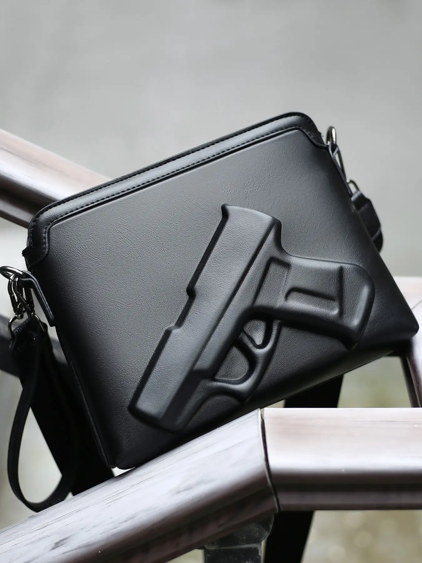 Men Fashion Crossbody Purse, 3D Embossed Pistol Pattern Shoulder Bag, Portable Wrist Clutch Handbag for Daily Travel Streetwear
