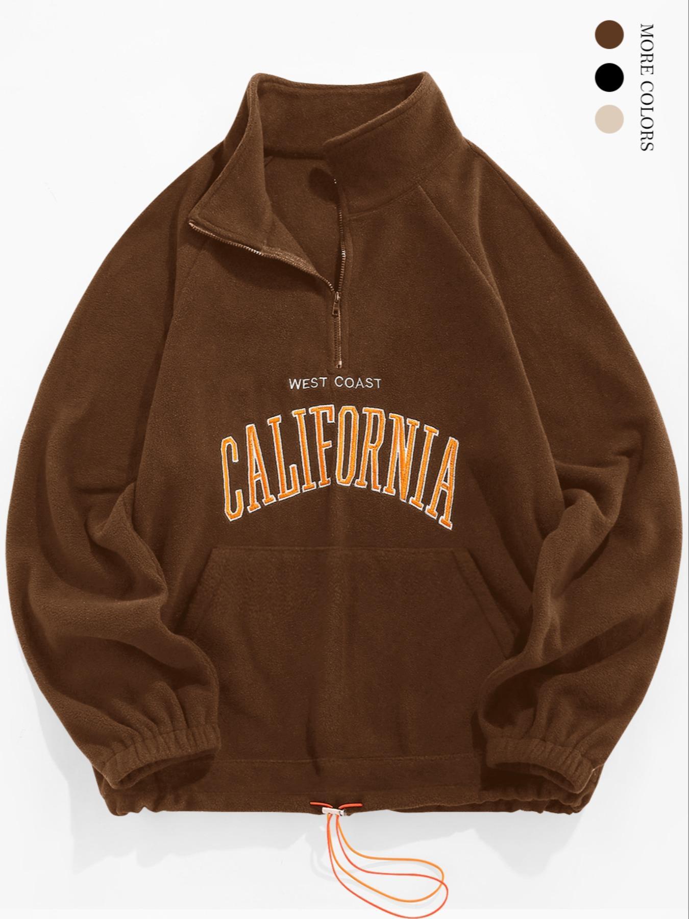 Men's Casual Loose-Fit High Neck Sweatshirt, California Embroidery Long Sleeve Pullover, Thick Fleece Fabric for Fall & Winter, Embroidered Sweatshirt