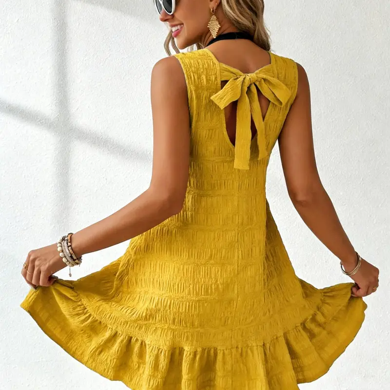 Spicy Coquette Black Textured Sleeveless Back Bow Cutout Ruffle Hem Mini Dress, Vintage French, Chill Daily, Style Ruffled Feminine, Casual Summer Dresses