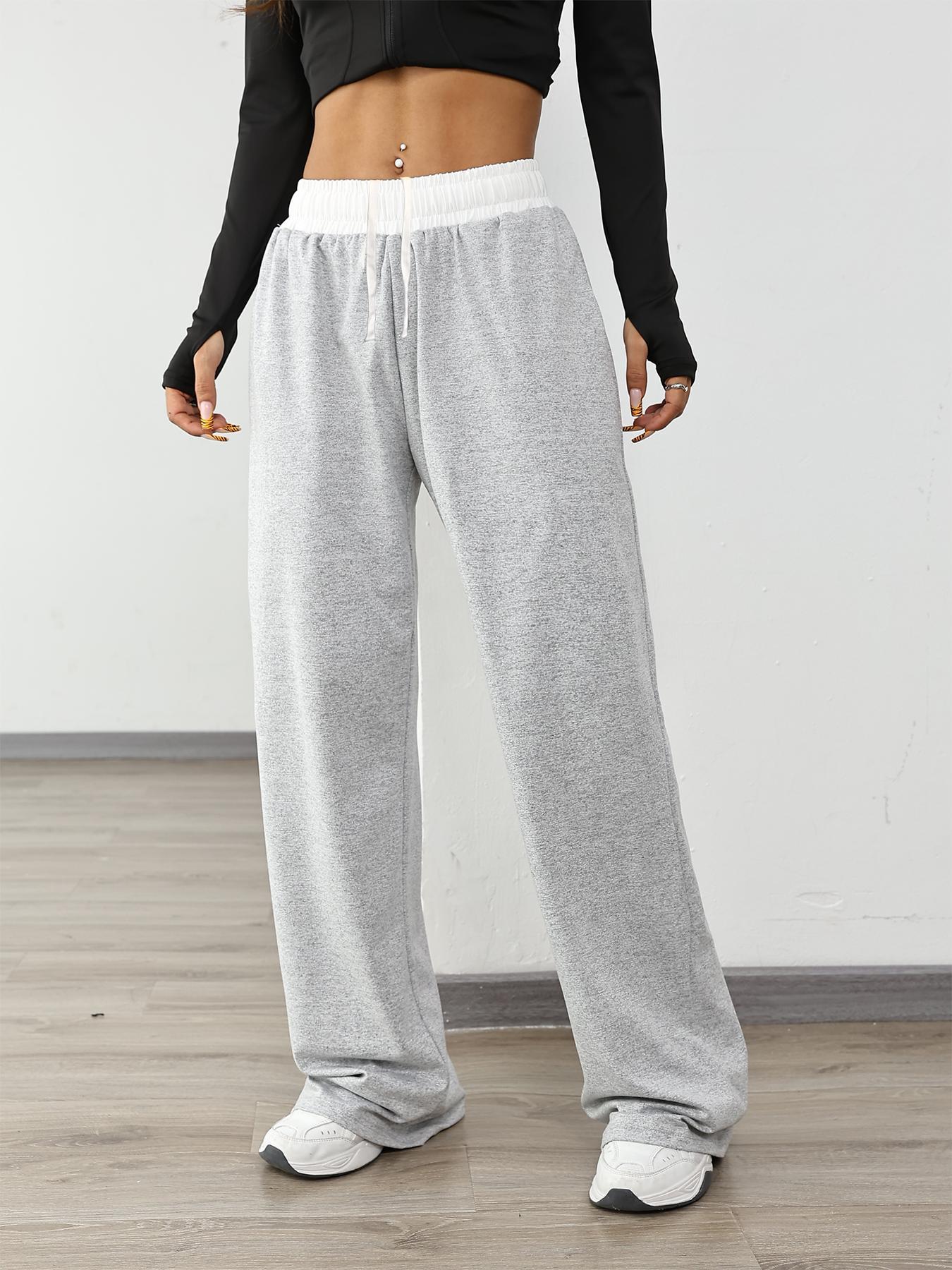 Women's Colorblock Drawstring Waist Sports Jogger Pants, Workout Casual Baggy, Sporty Pocket Design Wide Leg Trousers for Daily Wear, Ladies Sportswear for All Seasons