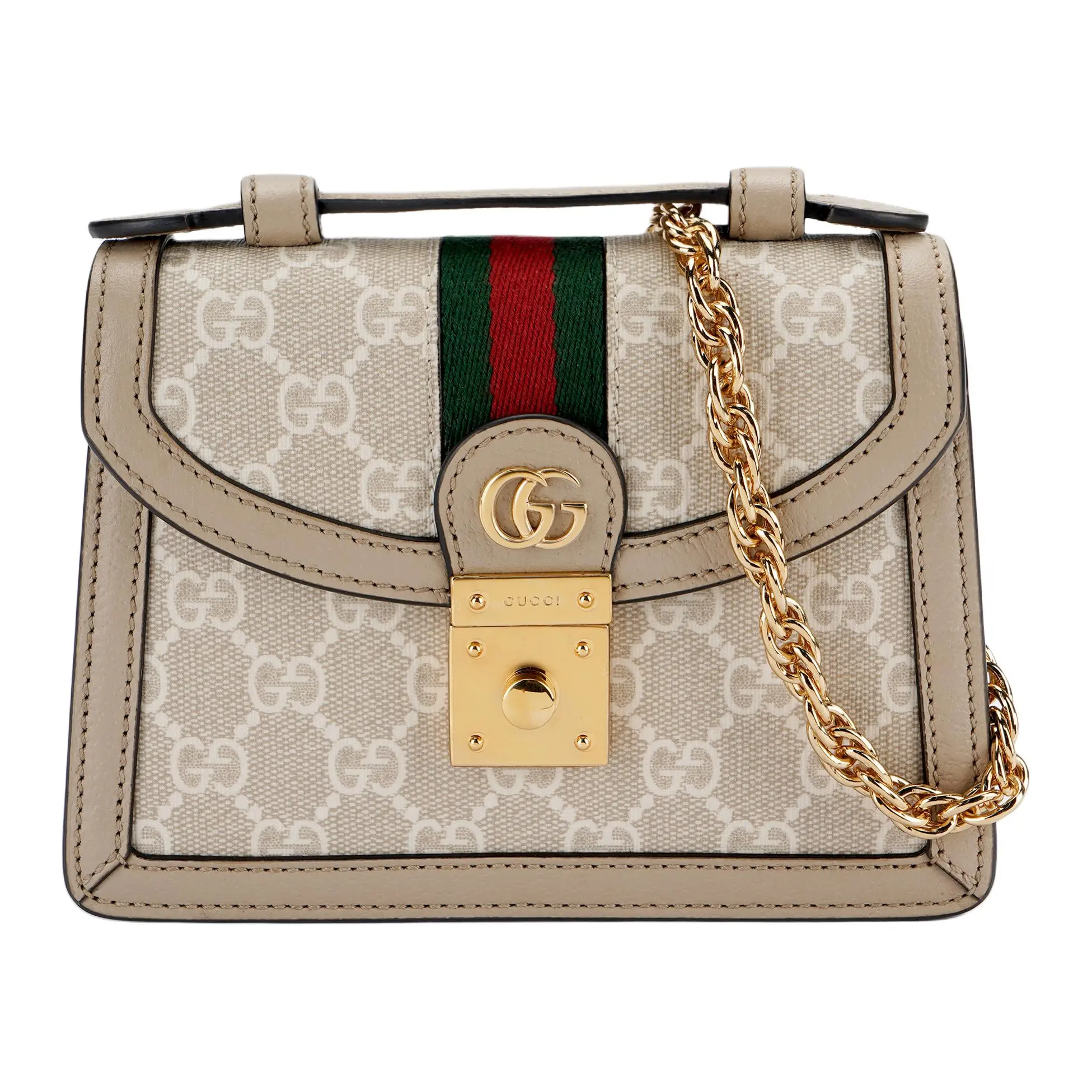 Gucci Ophidia GG Mini Shoulder Bag for Women – Beige and White Logo Webbing Chain Leather Handbag