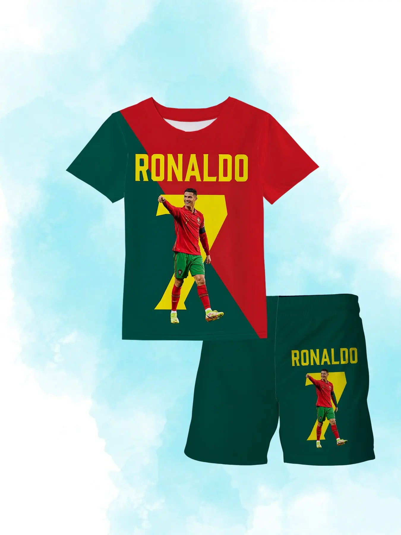 Portugal Flag Ronaldo 7 Kids Football Set, Quick-Dry Breathable Short Sleeve Shorts, Casual Slim-Fit Sports Training