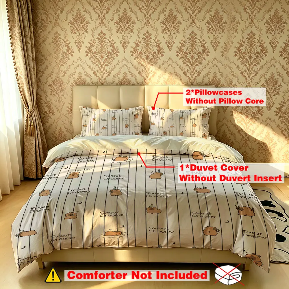 The 3-piece cartoon capybara "Sweet Dreams" bedding set includes one quilt cover and two pillowcases, without fillings. It's soft and comfortable, suitable for single beds and double beds, and ideal for use in bedrooms, dormitories, and hotels.