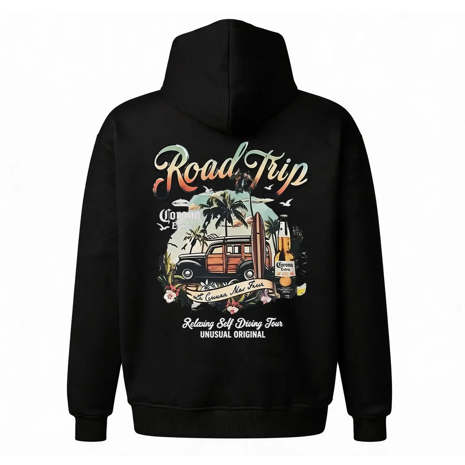 Vintage Road Trip Graphic Hoodie |   Retro Surf & Palm Tree Back Print |   Oversized Black Unisex Fleece Sweatshirt |   Trendy Vacation Aesthetic ? ? ‍ ♂️
