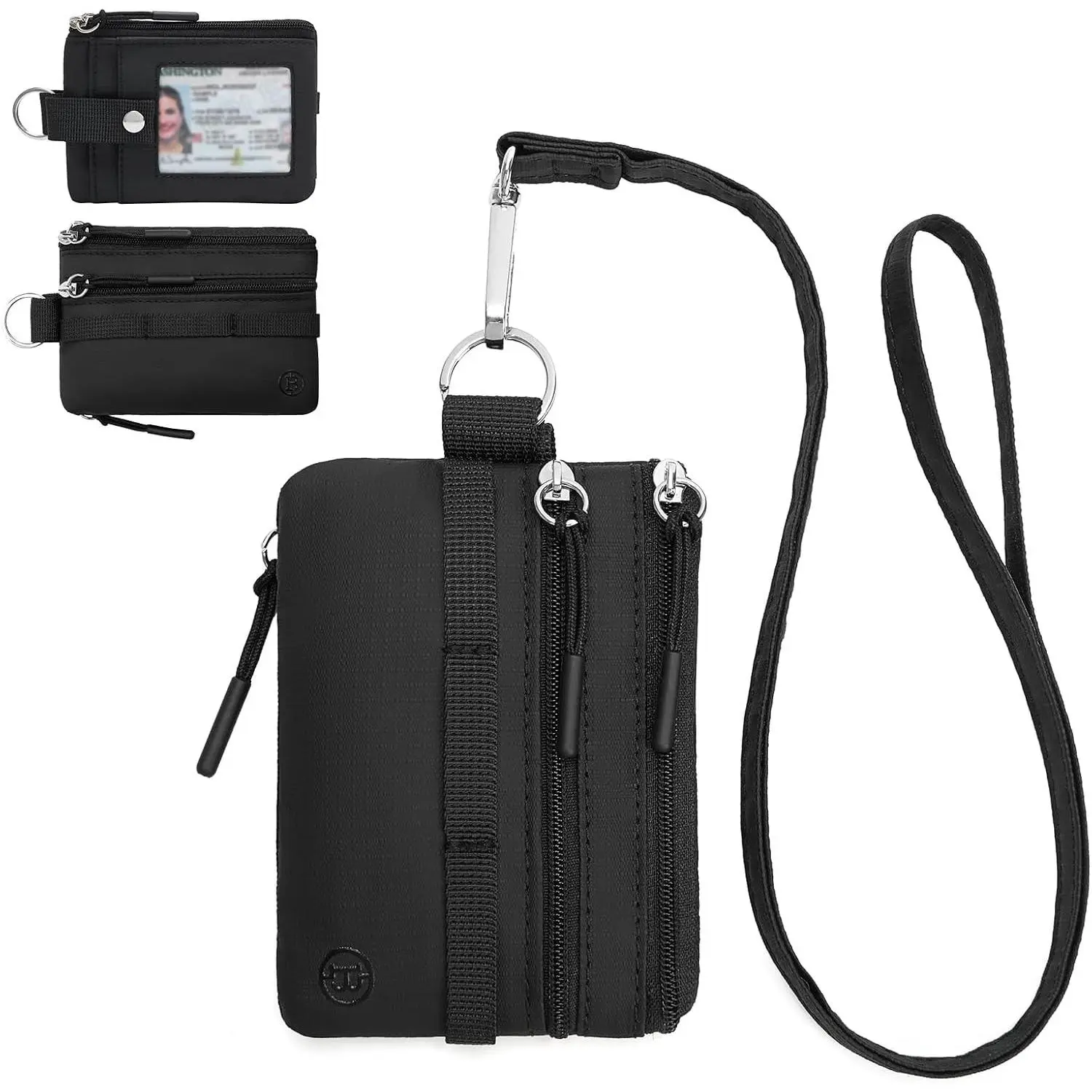 Small Wallet RFID, Minimalist Zip ID Case Wallet with Lanyard Keychain, Water Resistant Card Wallets for Women & Men, Black