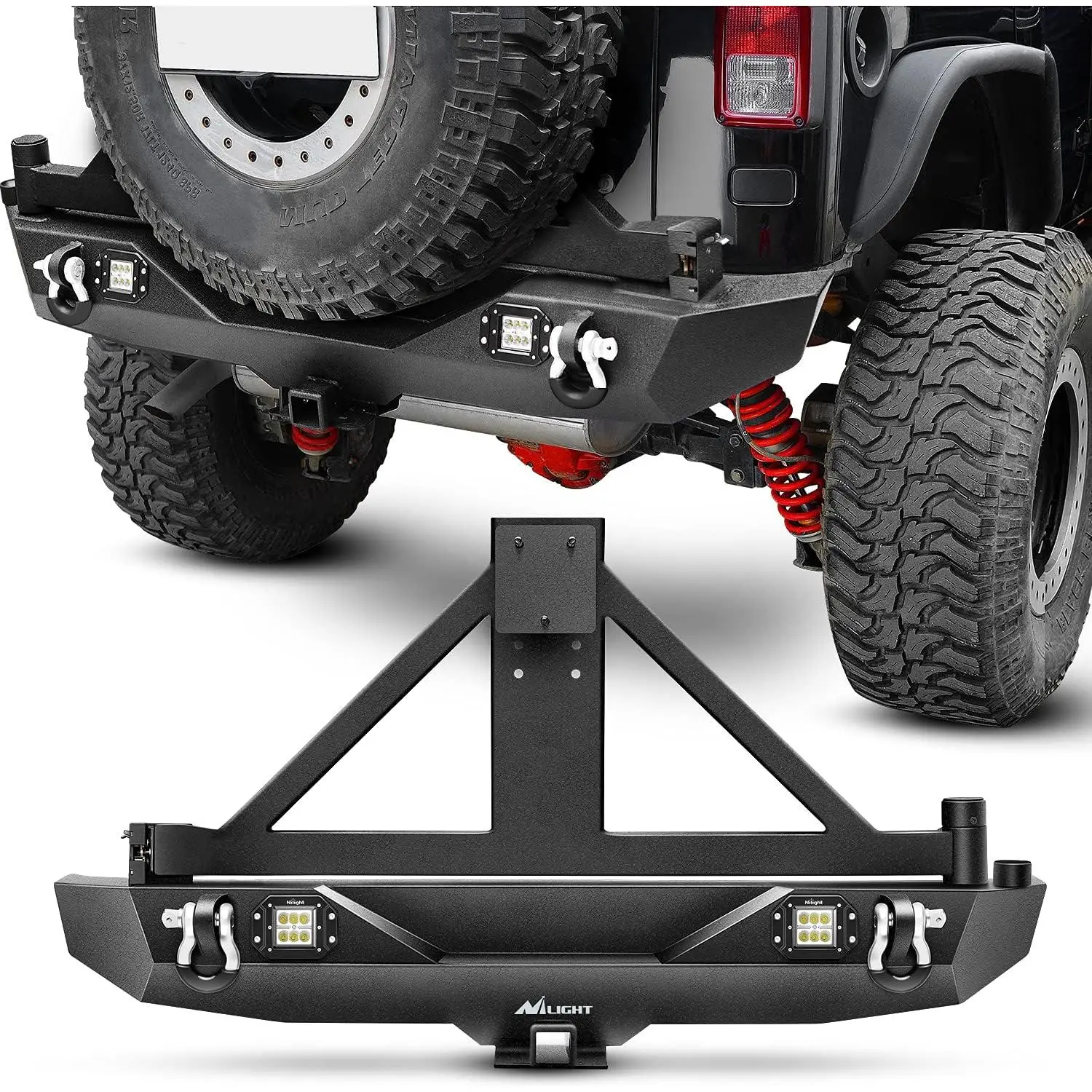 Nilight Rear Bumper - Bolt-On Auto Replacement Body Frame Component with Protection, Bumper Rack, Spare Tire Carrier, Hitch Receiver, 2 LED Lights, Fits 2007-2018 Wrangler JK & Unlimited Off-Roading