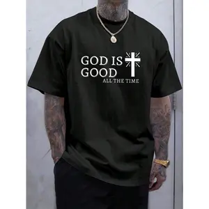 Men's Casual Graphic T-Shirt with "God Is Good" Cross Print, Short Sleeve Christian Faith Religious Top for Streetwear