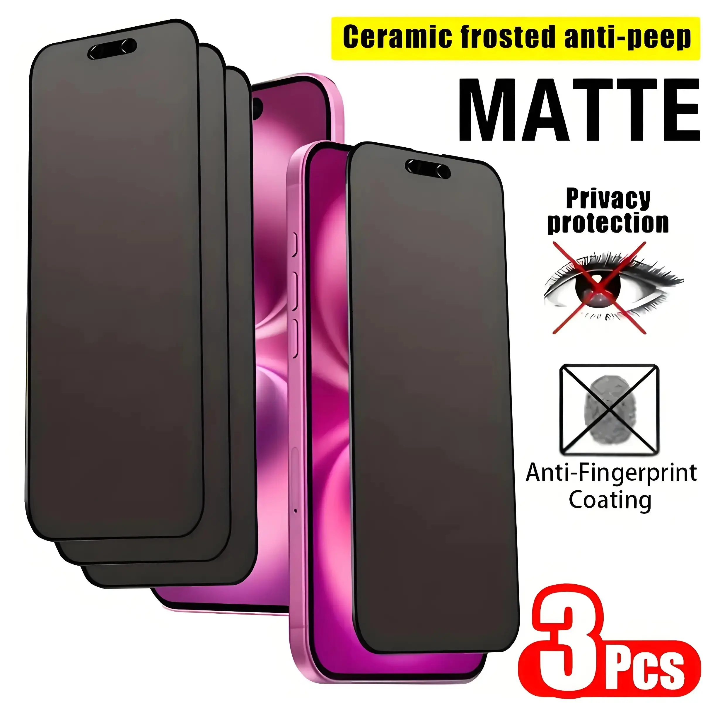 Full Coverage Matte Privacy Screen Protector - 3-Pack, Anti-Spy Privacy Filter, Edge Protection, Anti-Scratch, Anti-Drop Shock Guard, Bubble-Free Easy Installation - Compatible with iPhone 17 Pro Max/17 Air/16 Pro Max/16 Plus/15 Pro Max/14/13/12/11/XS/XR