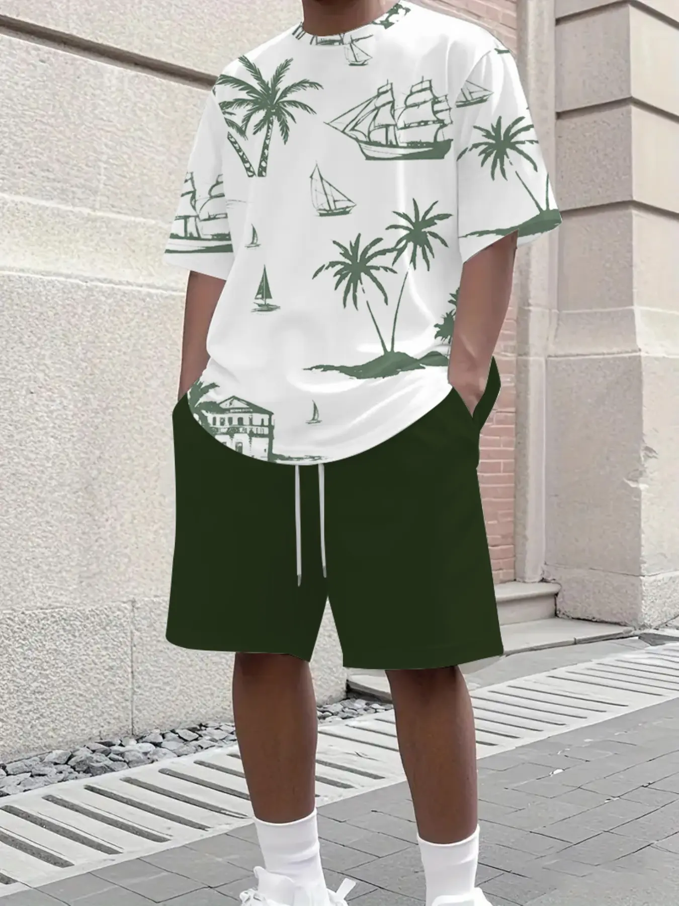 Men's vacation two-piece set, beach sailboat coconut tree panoramic full printed short sleeved shorts, lightweight and comfortable for beach travel