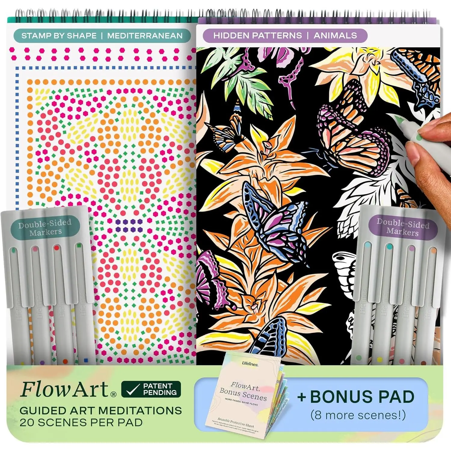 Lifelines FlowArt Activity Pads, 2-Pack with 8 Double-Sided Markers, 40 Scenes & Bonus Pad - Guided Dot Art Meditations - Stamp-by-Shape & Hidden Patterns Coloring Books for Tweens, Adults & Seniors