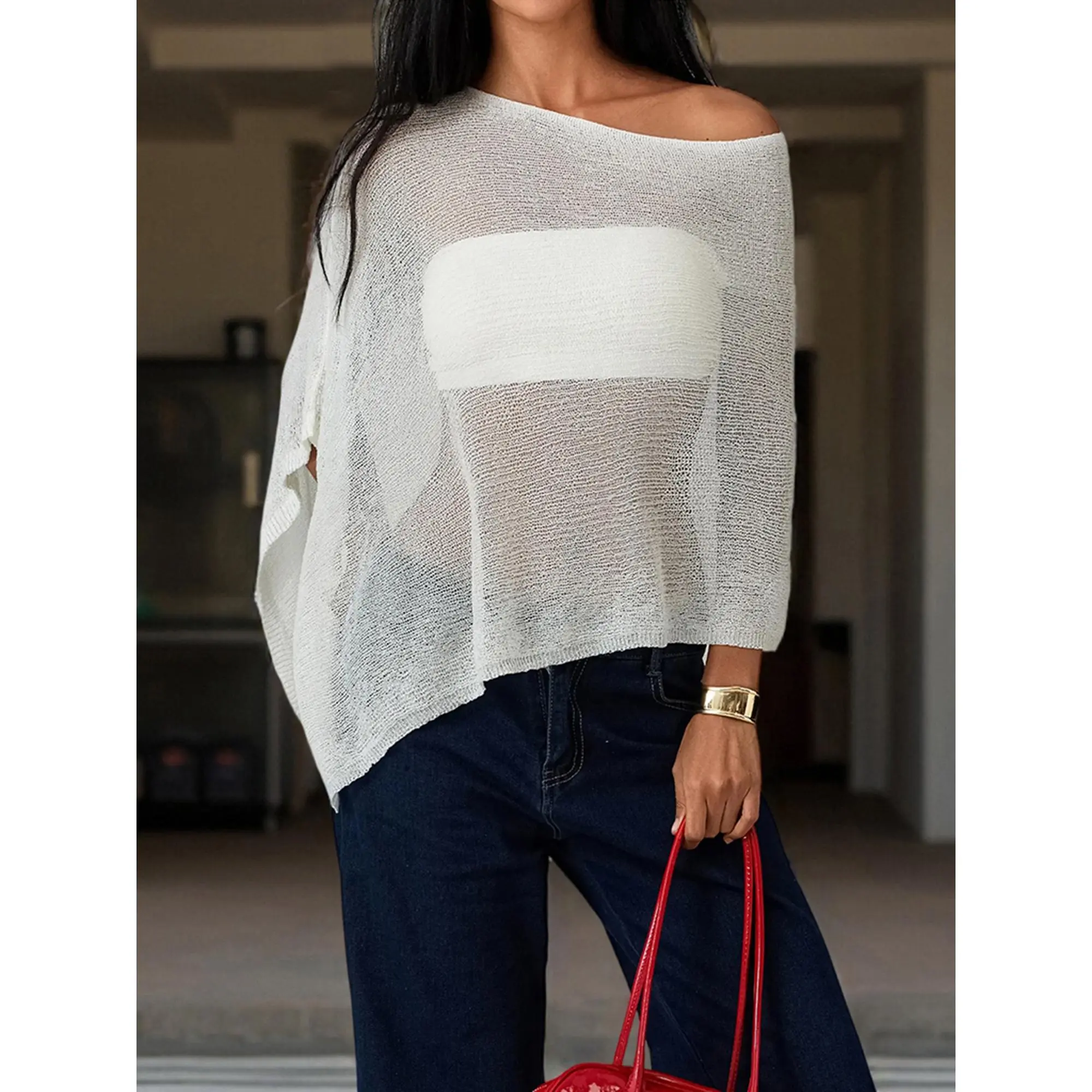 Women's Polyamide Knit Cover-Up - See-Through, Solid, Irregular, Loose Pullover Summer Beach Top