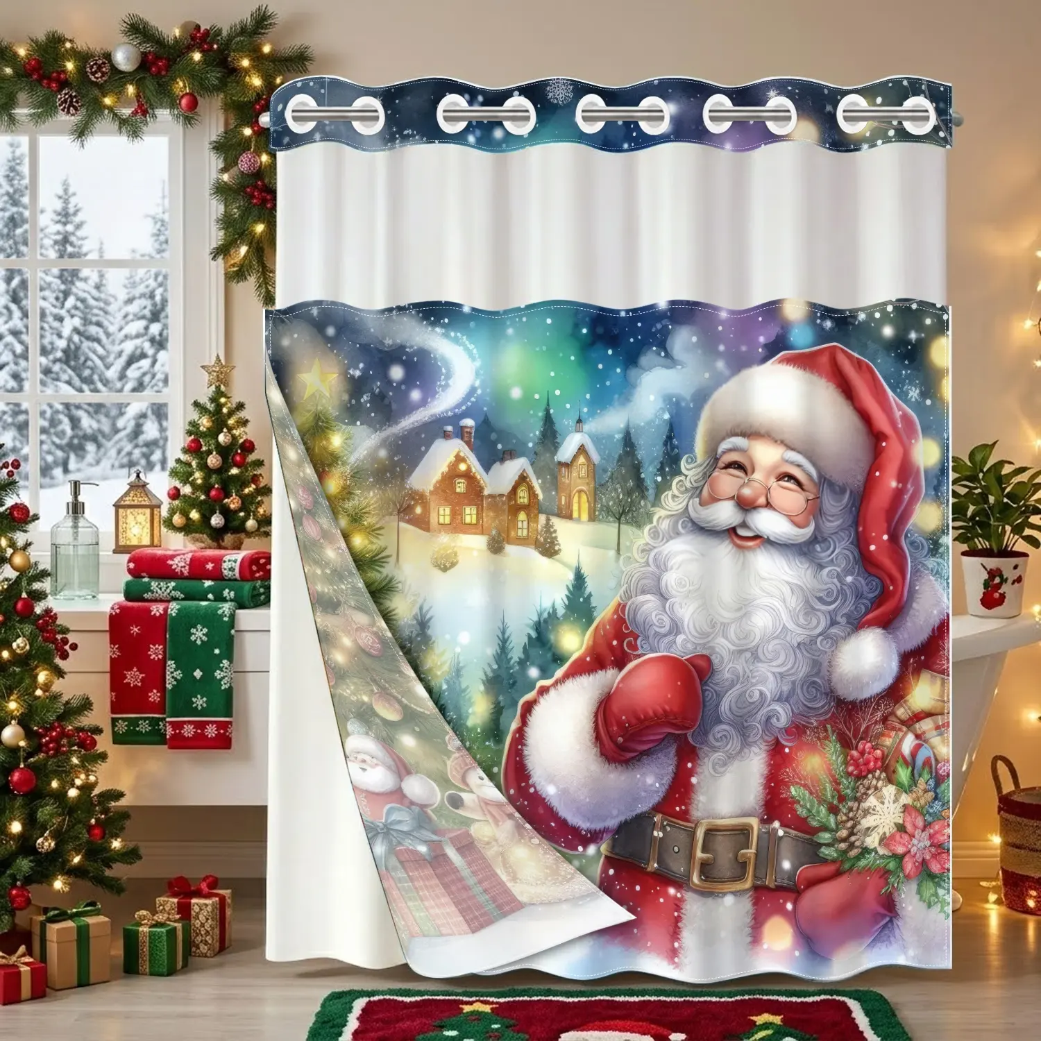 1PC Christmas Decorative Shower Curtain, a joyful scene of Santa Claus and decorative trees, suitable for bathroom Christmas decoration, Christmas decoration, and perfect Christmas gifts