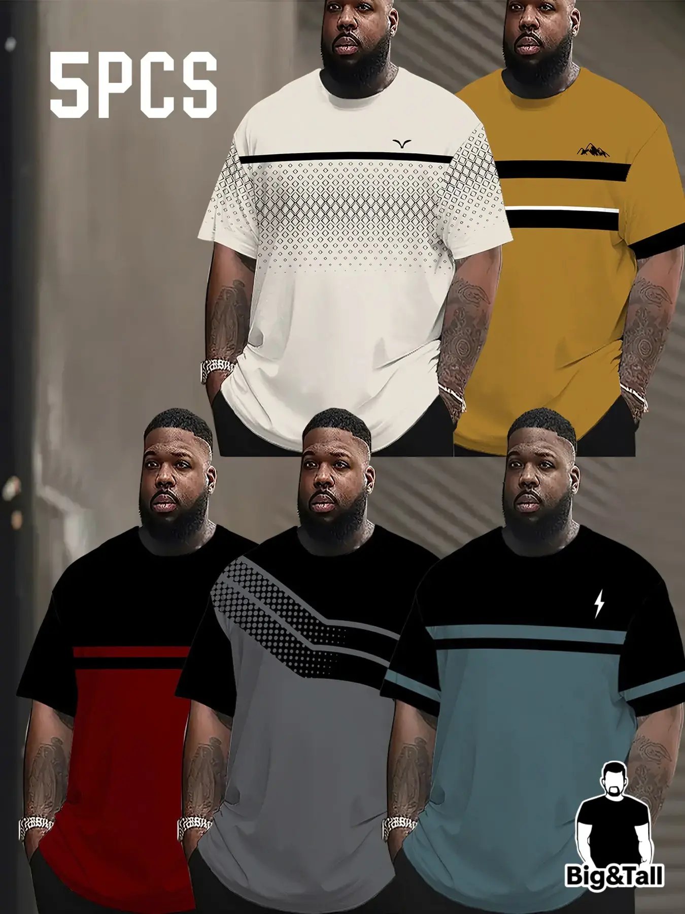 Men's Plus Size 5-Piece Fashion Casual Streetwear Top, Striped Short Sleeve Long T-Shirt, Gradient Summer Round Neck Quick-Dry Breathable Tee, Perfect Father's Day Gift, Menswear, Casual Style Tee