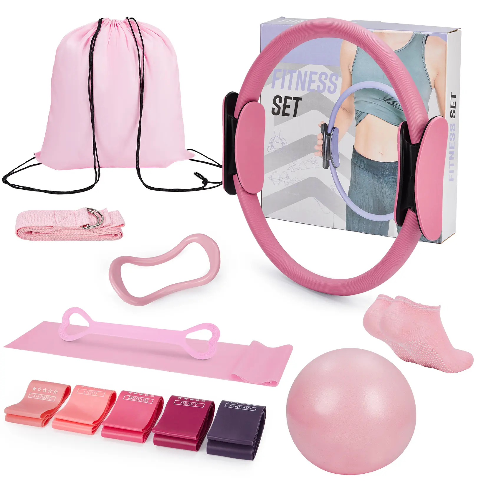 Complete 13-Piece Pilates Kit for Women – At-Home Pilates Equipment Set with Magic Circle, Resistance Bands, Mini Ball & Pilates Ring – Ideal for Full Body Workouts – Pink, 13 Inch