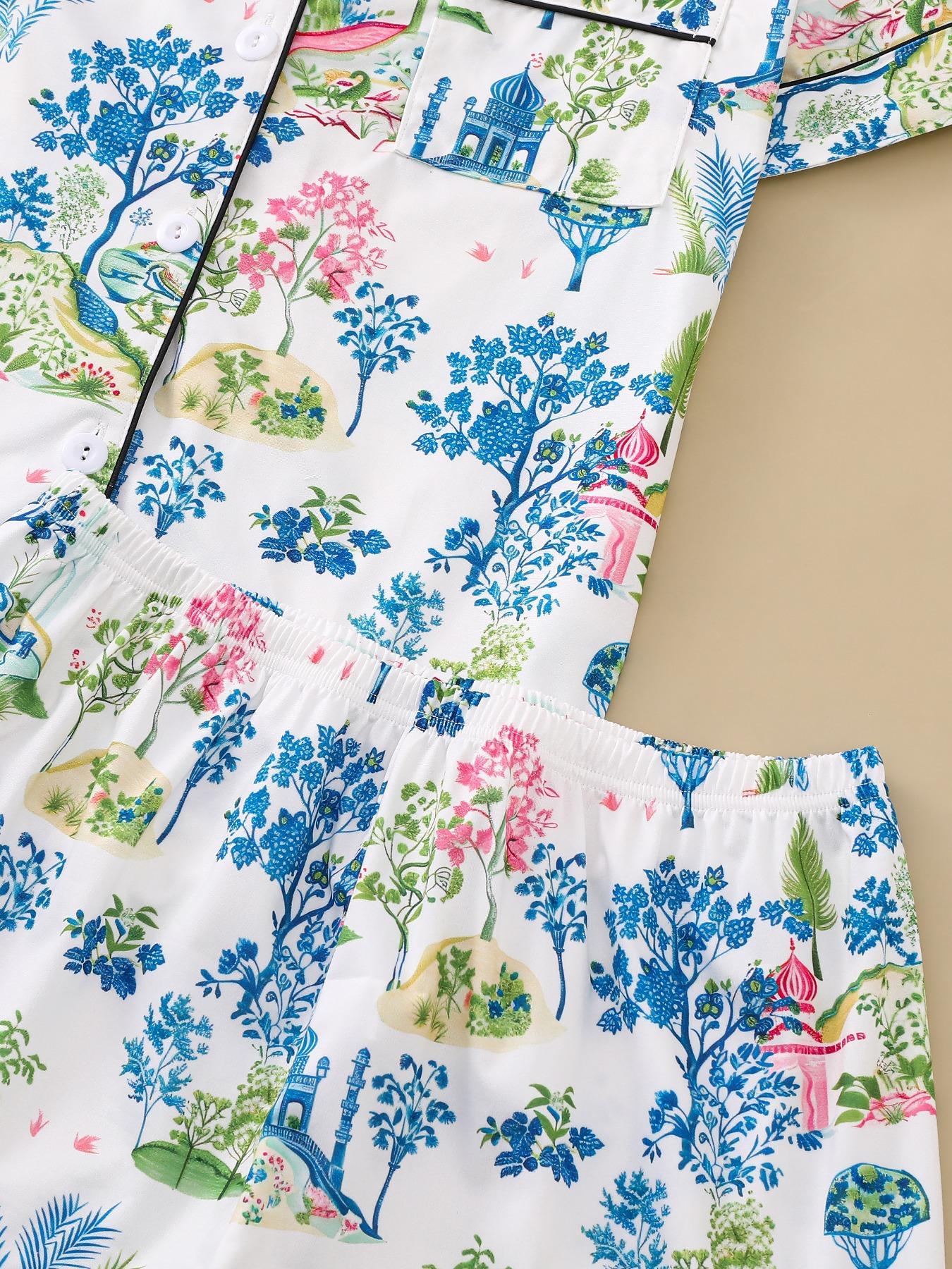 Two-Piece Set Women's All Over Floral Print Lapel Neck Pajama, Casual Comfy Short Sleeve Shirt & Elastic Waist Shorts PJ Set, Ladies Sleepwear for All Seasons