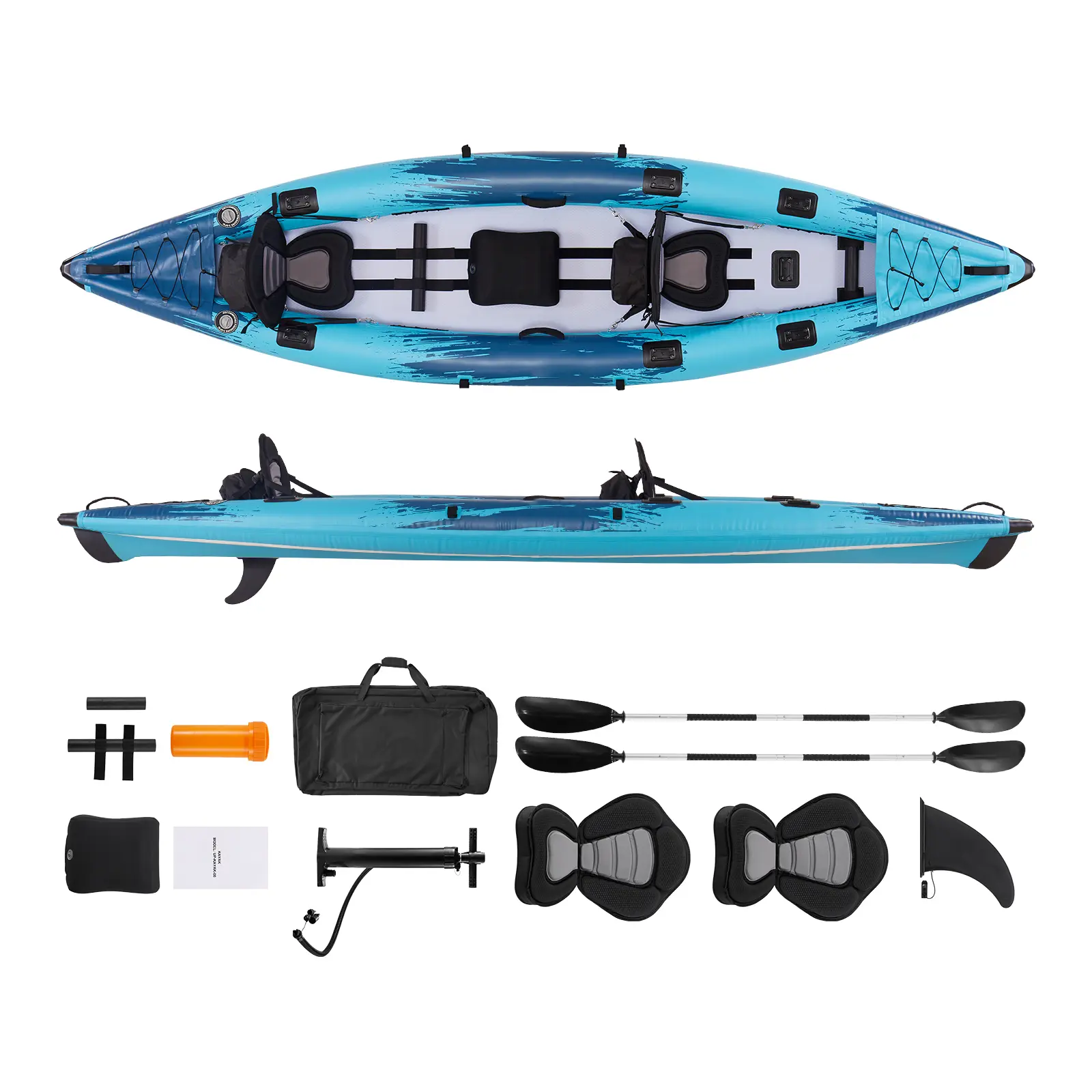 2-Person Drop-Stitch Inflatable Recreational Kayak Kit, 700lbs Cap., Leak-Resistant, Puncture-Resistant, Padded Seat, PVC Floor, 2 Paddles, Hand Pump, Carry Bag for Fishing, Camping