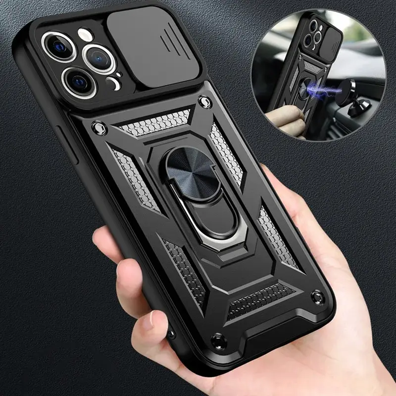 Shockproof Metal Armor Phone Case with Lanyard Compatibility, Car Magnetic Holder Ring & Camera Lens Protection for iPhone 17 Air/17/17 Pro/17 Pro Max/16/15/14/13/12/11 Pro Max Plus
