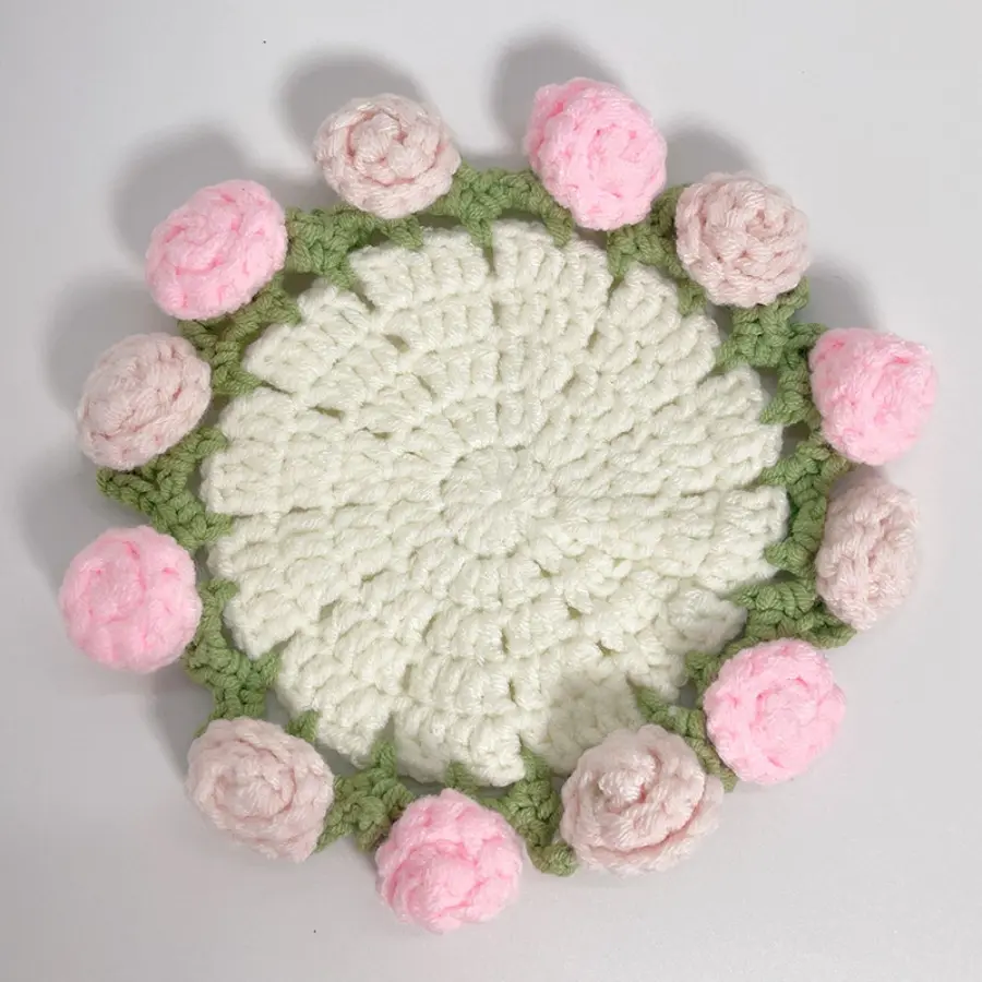 Crochet Coaster, Knitted Floral Drink Coaster Rose Flower Bouquet Insulation Cup Mat for Home Wedding Birthday Party Decoration