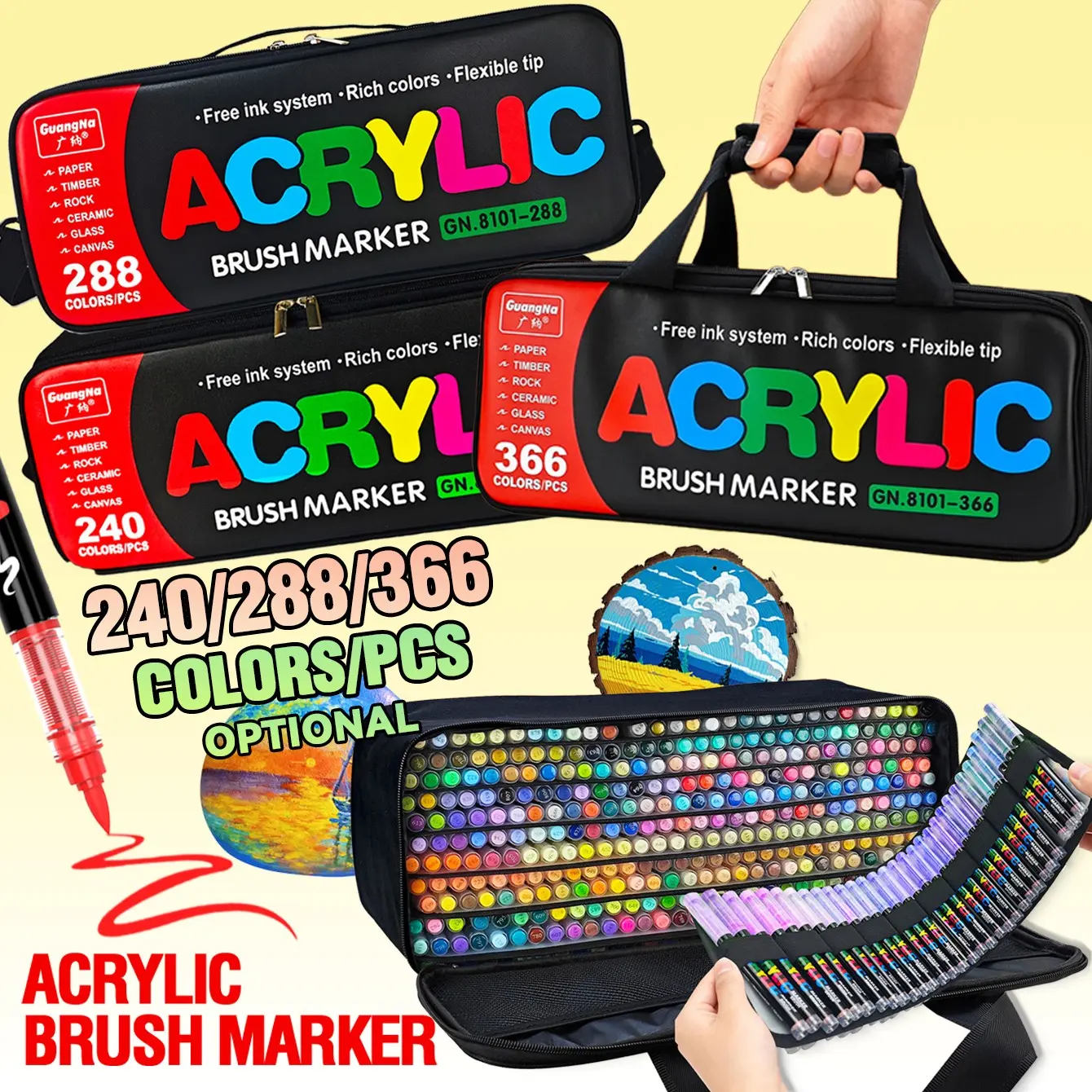 Guangna Automatic Ink Control Marker Pens, 240-366 Set, Soft Tip, Ideal for Art, DIY, Canvas, Wood, Glass, Stone, Fabric, Back-To-School Season