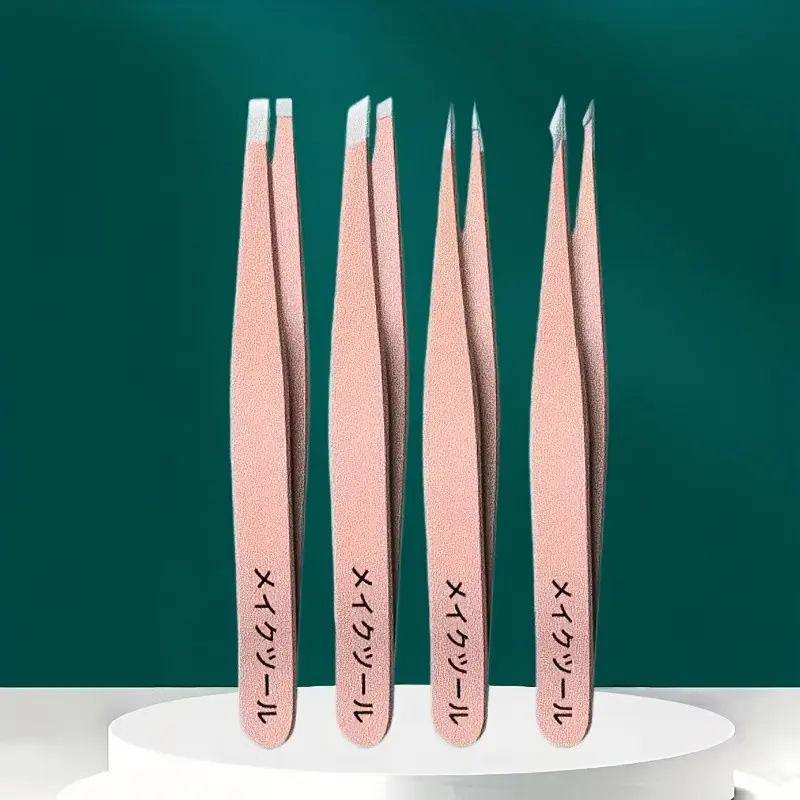 Rose Gold Japanese Stainless Steel Tweezers 4-Piece Set, Ideal for Eyebrow Hair Removal, Fragments, Blackheads, Slanted Tips