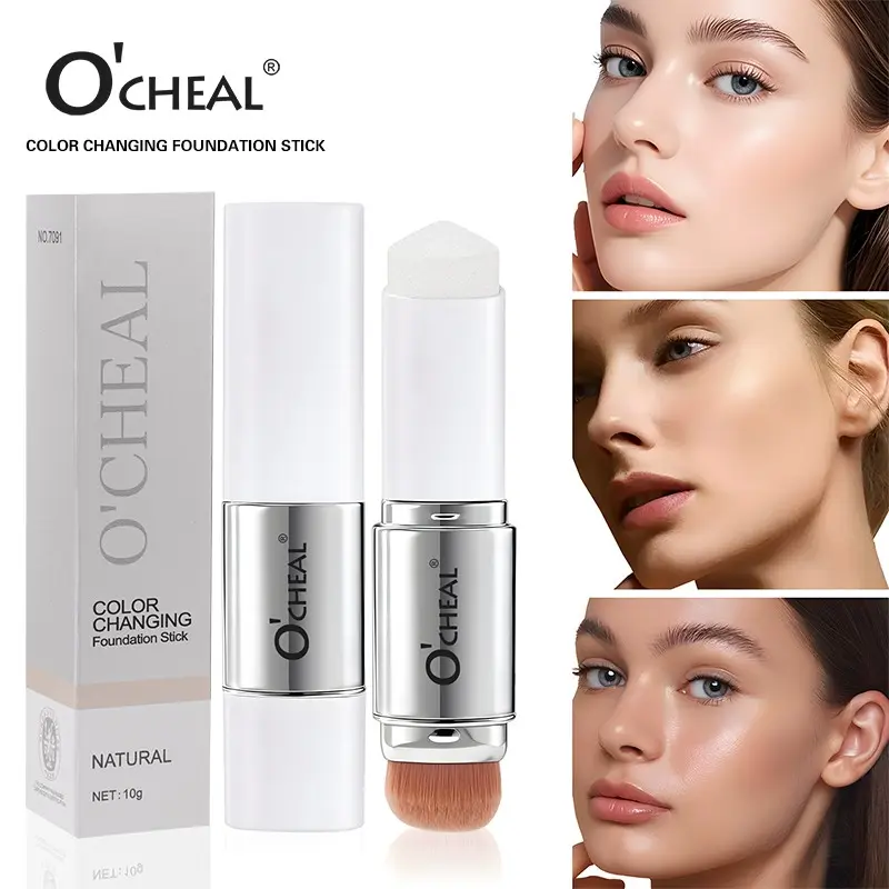 O'cheal Double-Head Color-Changing Foundation Stick with Concealer Balm and Portable Brush for Natural Makeup and Medium Coverage, Suitable for All Skin Tones