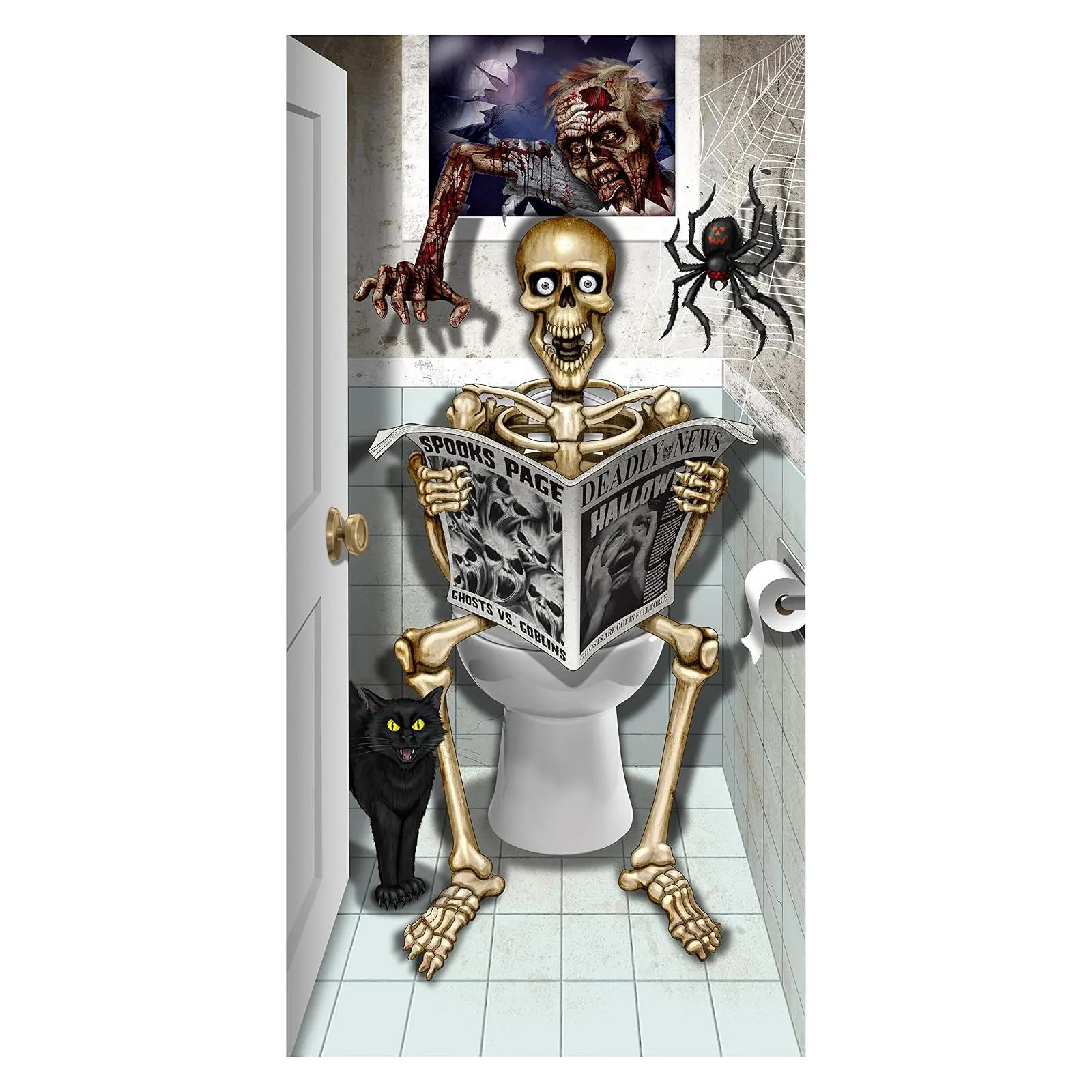 Halloween Skeleton Door Cover 35.4x70.9 Inch, Funny Bathroom Theme Front Door Banner, Spooky Halloween Decorations for Haunted House Party Home Decor, Decorative, Horror