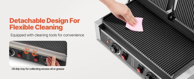 Commercial Panini Grill, 3600W Electric Sandwich Panini Maker, Stainless Steel Double Sandwichs Press with Handle and Temp Control, 19x9 in Full Grooved Enamel Plate, for Hamburger Steak Bacon