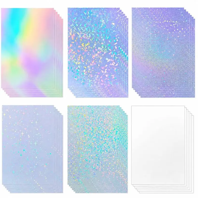 60 Sheets Holographic Self Adhesive Laminating Sheets, 6 Styles Waterproof Clear Vinyl Overlay, 8.5 x 11 Inch Sticker Laminate Film for Crafts, Photos, Decals, Labels and DIY Projects, Scrapbook Materials