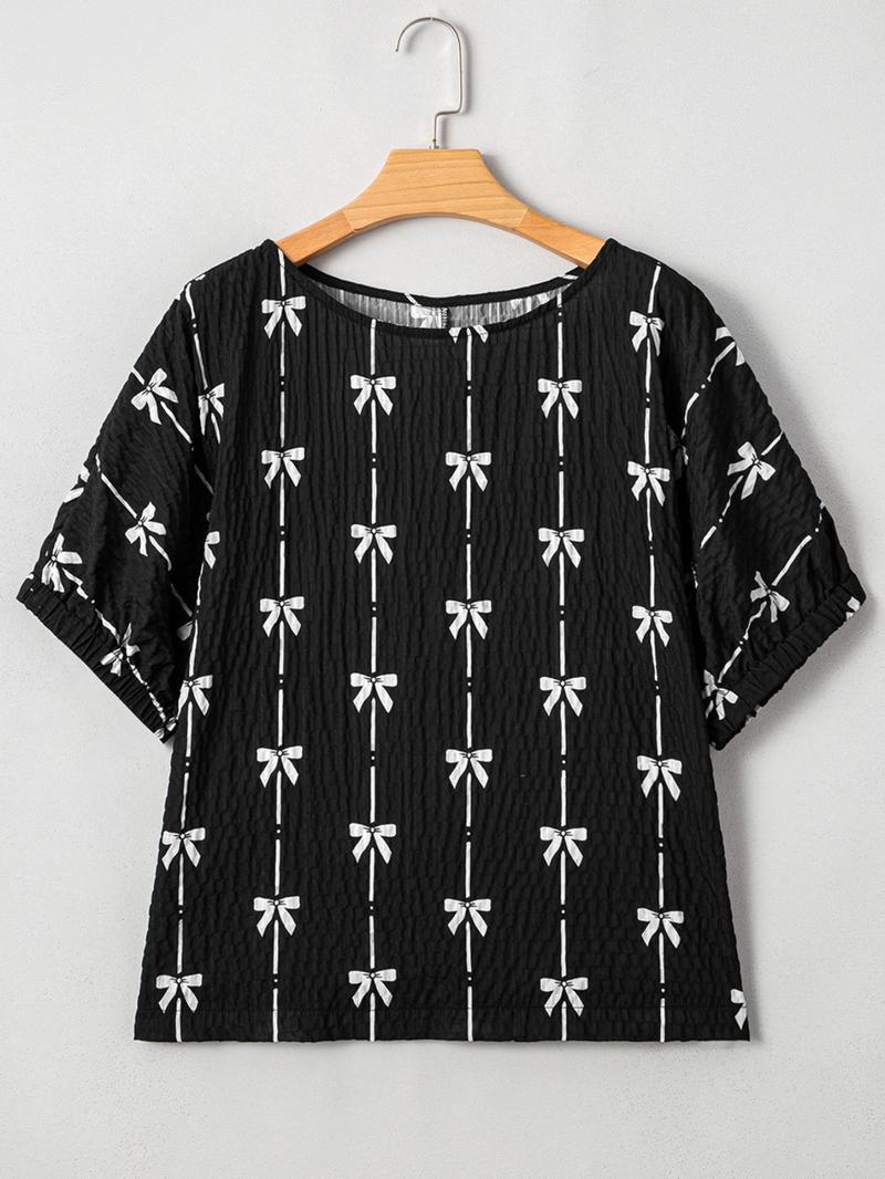 Women's Bow Print Tee, Casual Short Sleeve T-shirt for Daily Wear, Ladies Clothes for All Seasons