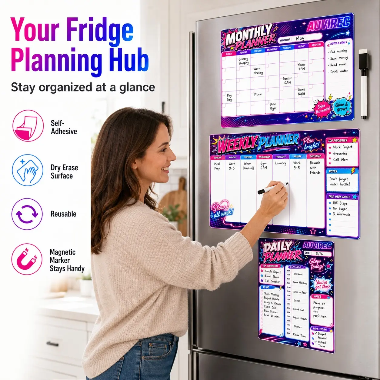 Auvirec 3-Piece Neon Gradient Reusable Dry-Erase Calendar Set, Self-Adhesive Monthly Weekly Daily Planner, Includes Erasable Marker