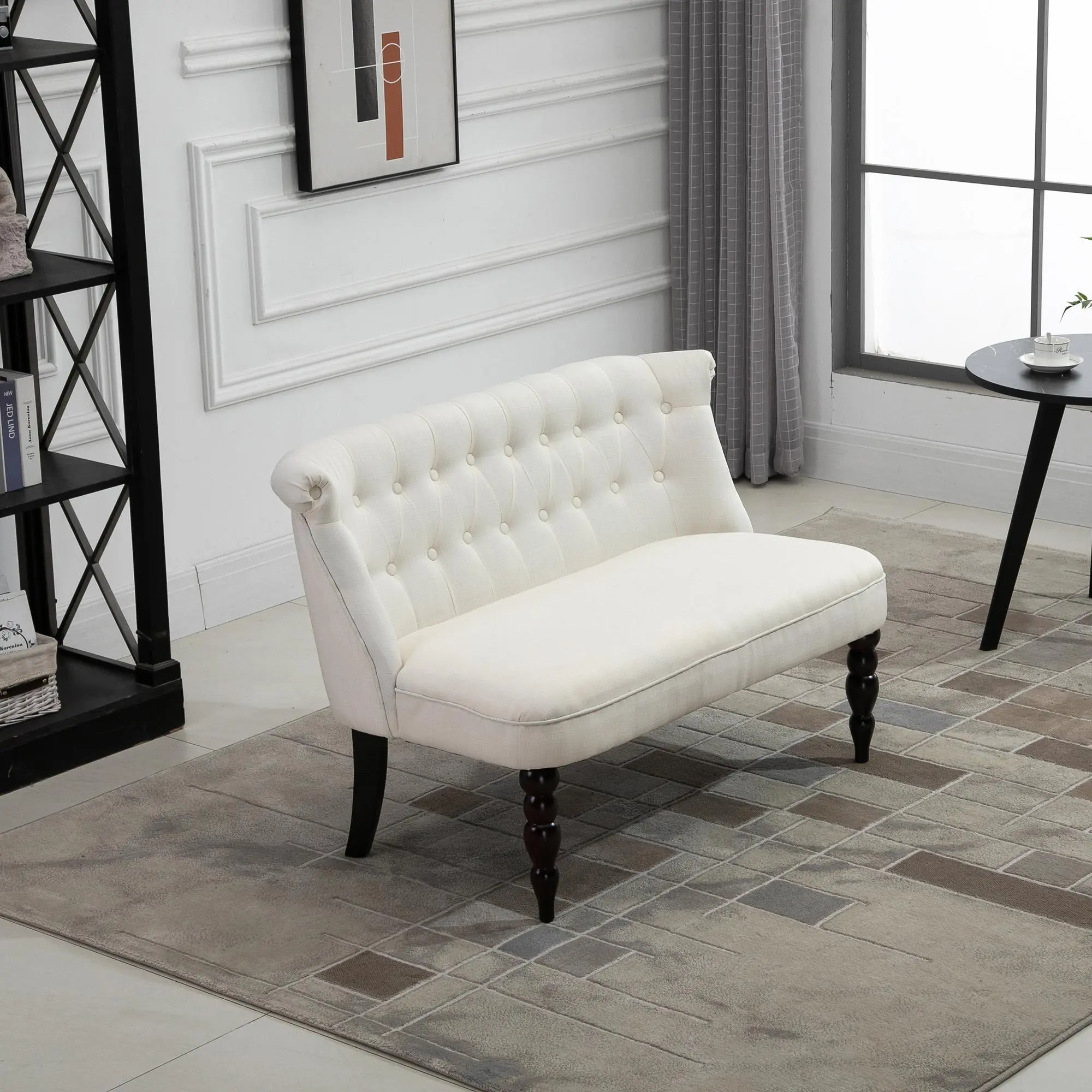 Upholstered Armless Loveseat Sofa, Button-Tufted Fabric 2-Seat Couch with Solid Wood Legs, Modern Compact Settee for Living Room, Bedroom, Apartment, Office, Small Spaces, Elegant Accent Sofa with Comfortable Padded Seat, Cream White