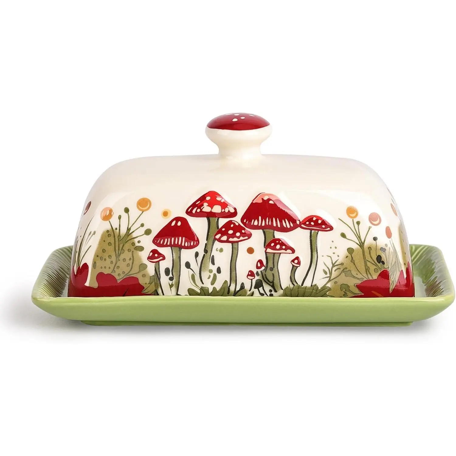 White Ceramic Mushroom Motif Butter Dish with Lid - Standard Size Cottagecore Kitchen Storage Container, Vintage French Boho Countertop Organizer, Kitchen Décor Gift, Storage Containers, Containers