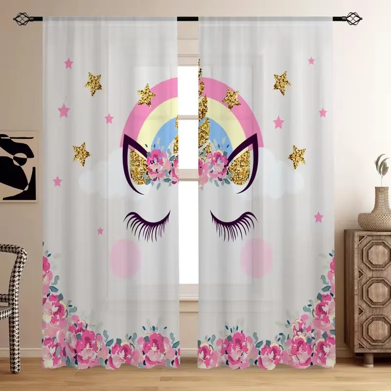 2pcs Polyester Cartoon Theme Drapes, Cat Ears Pattern Rod Pocket Curtains, Easy Install Curtain, Bedroom & Living Room Decor, Kids' Room Window Treatments