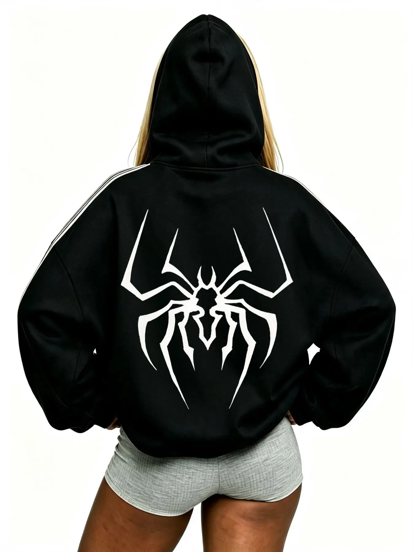 Leopard print Hooded Zipper Sweatshirt, Loose Fit, Spider Web Print, Fleece Lined, Warm and Comfortable, Casual Street Style, Fall & Winter Suitable for everyday streetwear looks and Halloween parties.