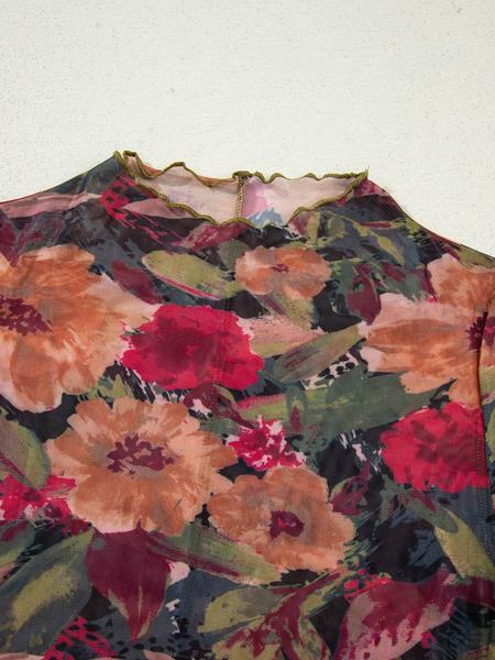 Floral Print Mesh Long Sleeve Top, Women's Casual Round Neck Ruffle Hem Blouse, Spring & Fall Fashion