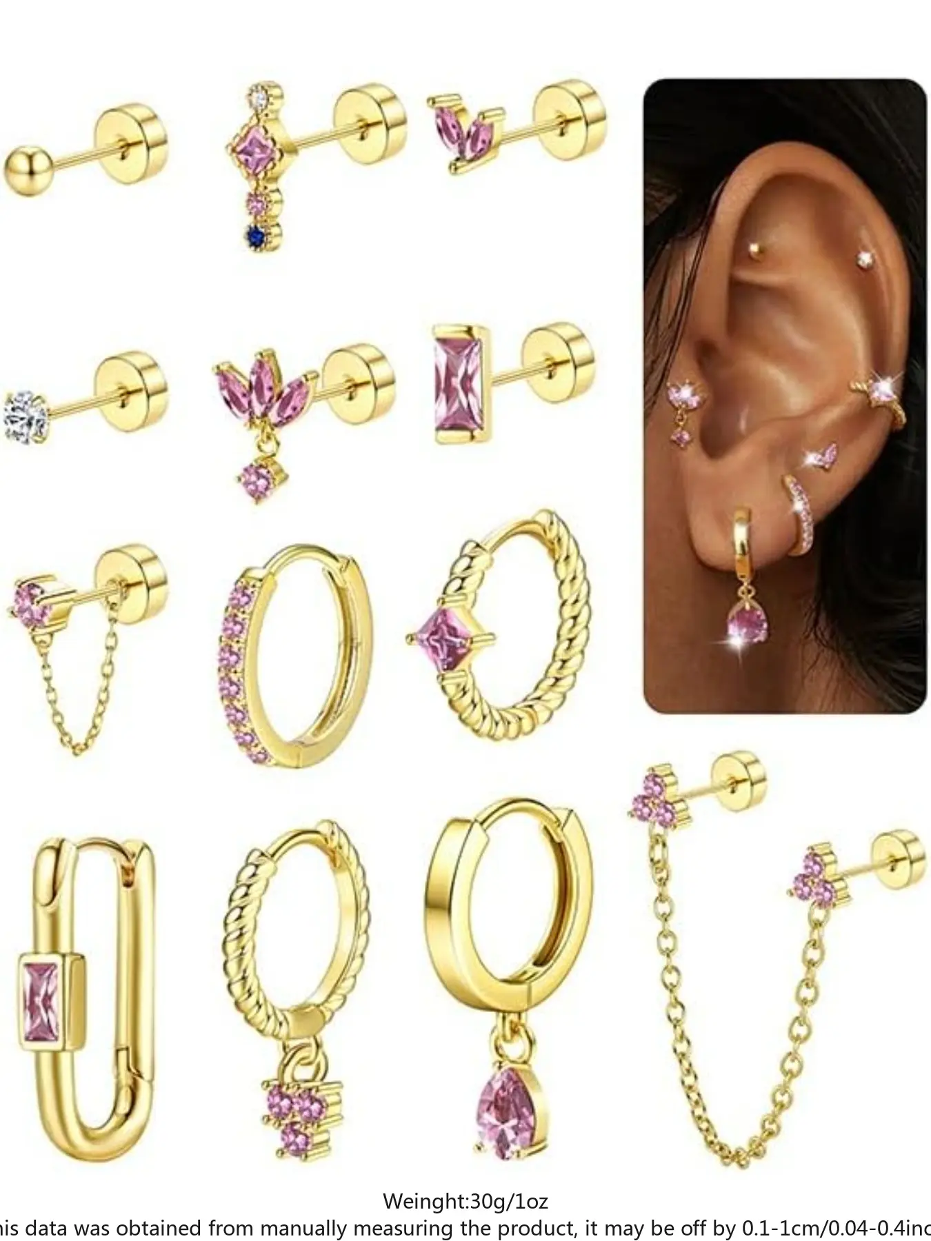 Stud Earrings Small Gold Hoop Earrings Set for Women Flat Back Earring Hypoallergenic Cartilage Earring Lightweight Dainty 14K Gold Stud Earrings for Multiple Piercing Set (Single 13 PCS)