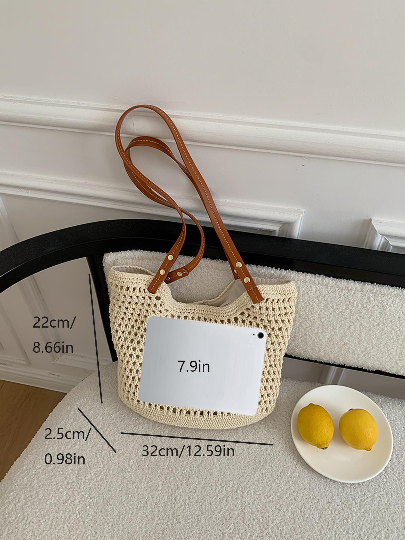 Women's Solid Color Crochet Shoulder Bag, Large Capacity Boho Straw Bag, Casual Trendy Versatile High-quality Daily Commuting Bag, Girl Fashionable Shopping Bag