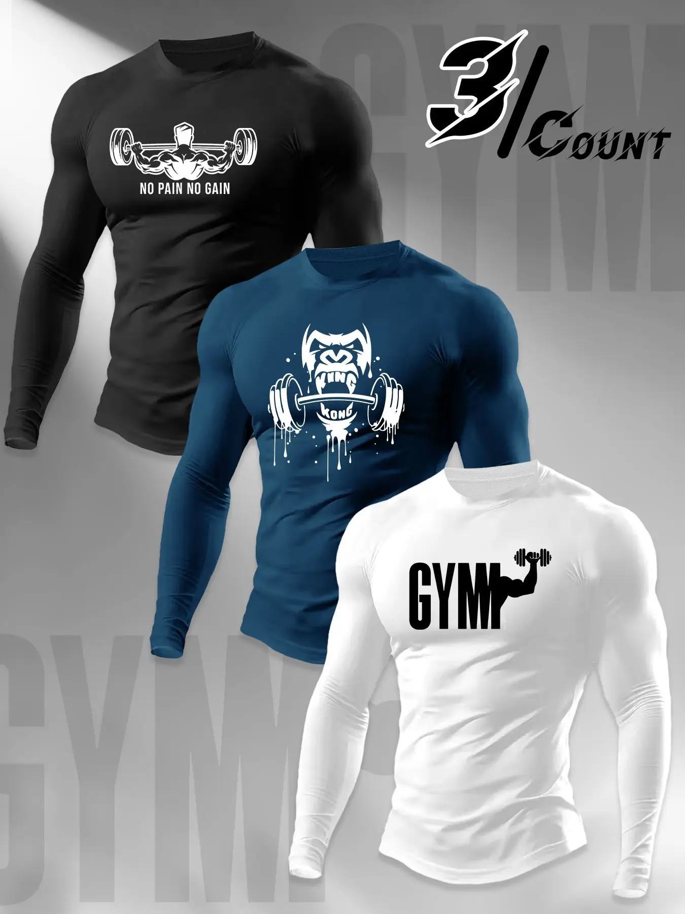 Men's 3 Pack Long Sleeve Compression Workout Shirts, No Pain No Gain Gorilla Barbell Gym Print, Muscle Fit Training Athletic Tops for Men