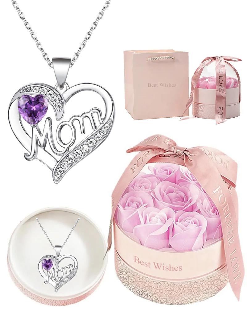 Creative Artificial Crystal & Rhinestone Decor Heart Pendant Necklace, Engraved Letters Necklace with Romantic Box & Flower, Summer Jewelry, Fashionable Matching Jewelry Gift for Mom, Gifts for Girlfriend Valentine Gifts For Gf