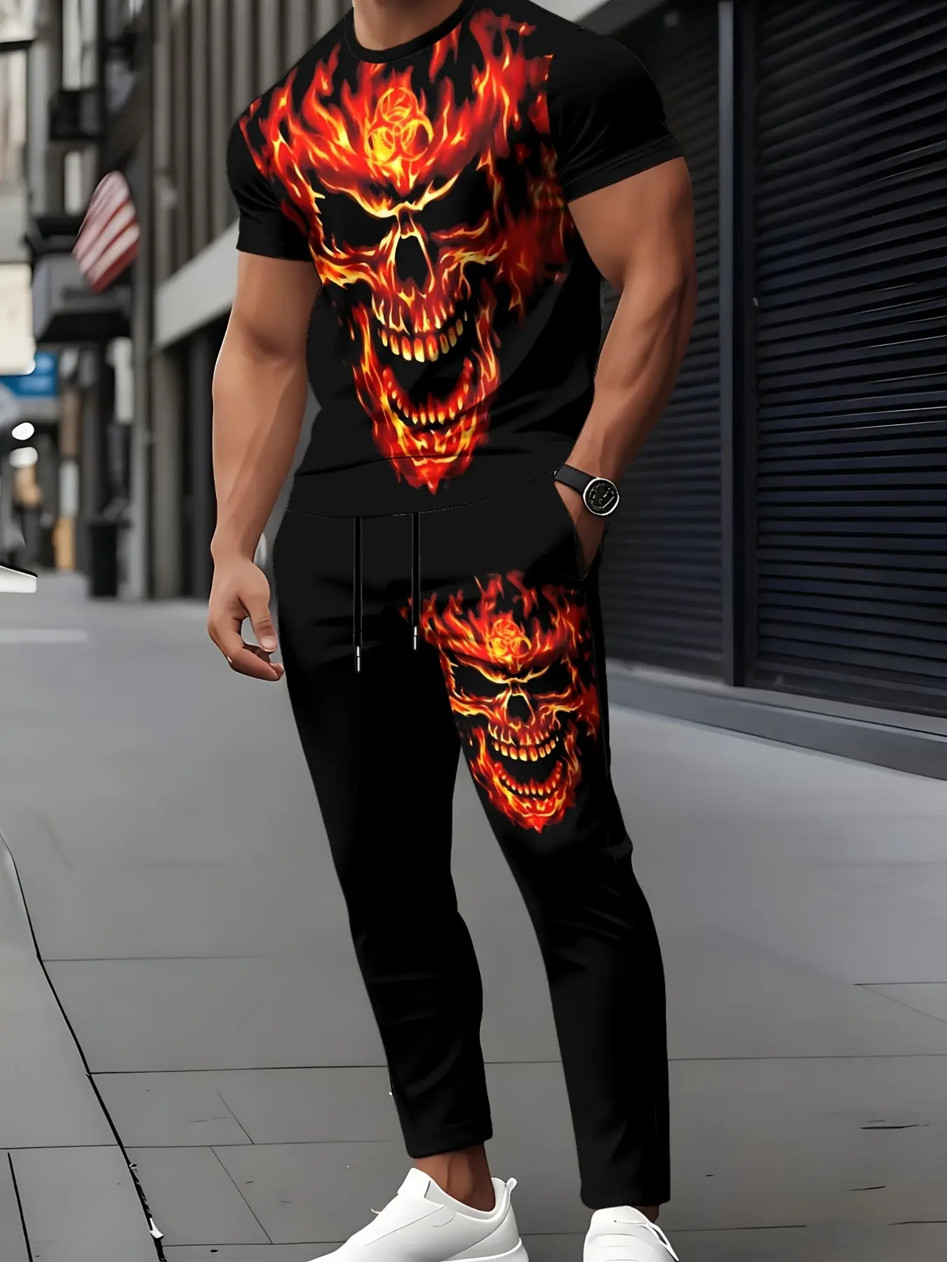 Men's Skull Graphic Tee Set, Spring & Fall Round Neck T-Shirt + Drawstring Pants, Breathable Comfort, Casual Daily Wear, Back-to-school outfits(Recommended ordering one size up),Summer Sale T-shirts
