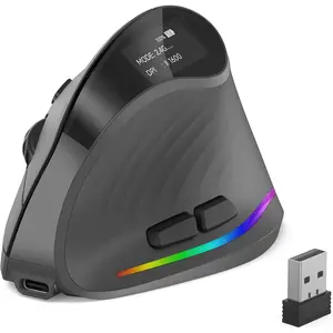 2.4GHz Ergonomic Mouse, Wireless Bluetooth Vertical Mouse for Work, 4800 DPI Optical Tracking, 5 Adjustable DPI, Quiet Clicks, RGB Light, Compatible with Computer, Laptop, PC, Mac, Desktop - Gray