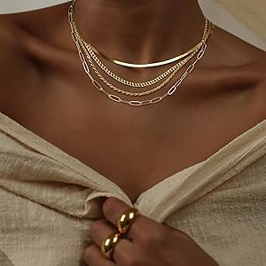 14K Gold Plated Layered Necklace Set, Stackable Choker for Women - Trendy Cuban Chain, Pearl Cross Pendant, Herringbone & Paperclip Chains| Adjustable Minimalist Jewelry Gift for Valentine's/Birthday/Graduation