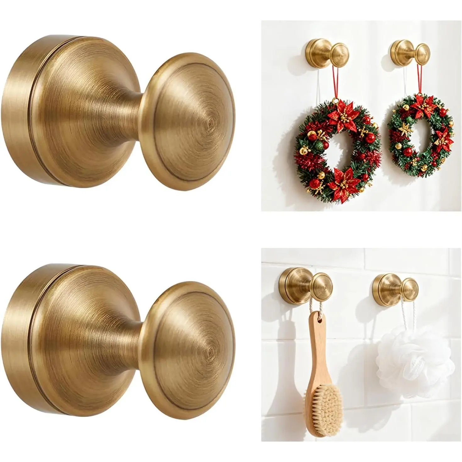 Secure Command Hooks Wall Hooks for Hanging Resistant to Falling Off Vintage Copper Material Suitable for Bathroom Kitchen Bedroom Hang Towels Coats Robes 2 Brass