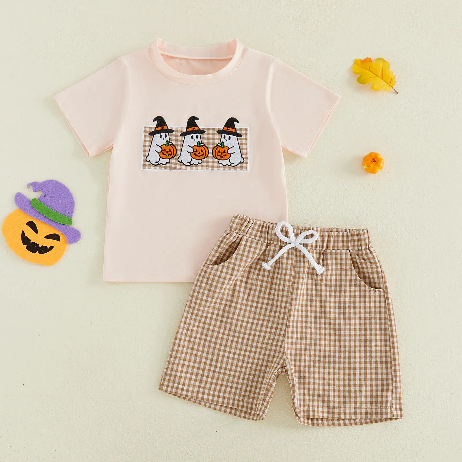 Meihuida Toddler Baby Little Boy Halloween Outfits Pumpkin Ghost Short Sleeve T-shirt and Plaid Shorts Set 6M-5T